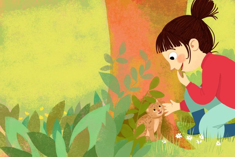 illustration Rencontre entre une fillette et un chaton dans la forêt