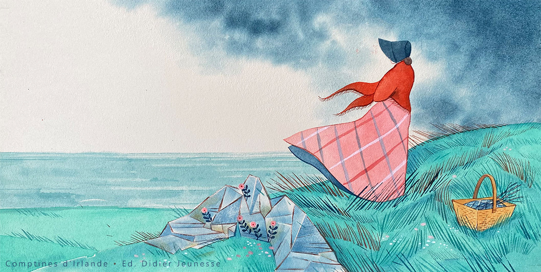 illustration Femme face à l'océan sur une falaise venteuse et dramatique