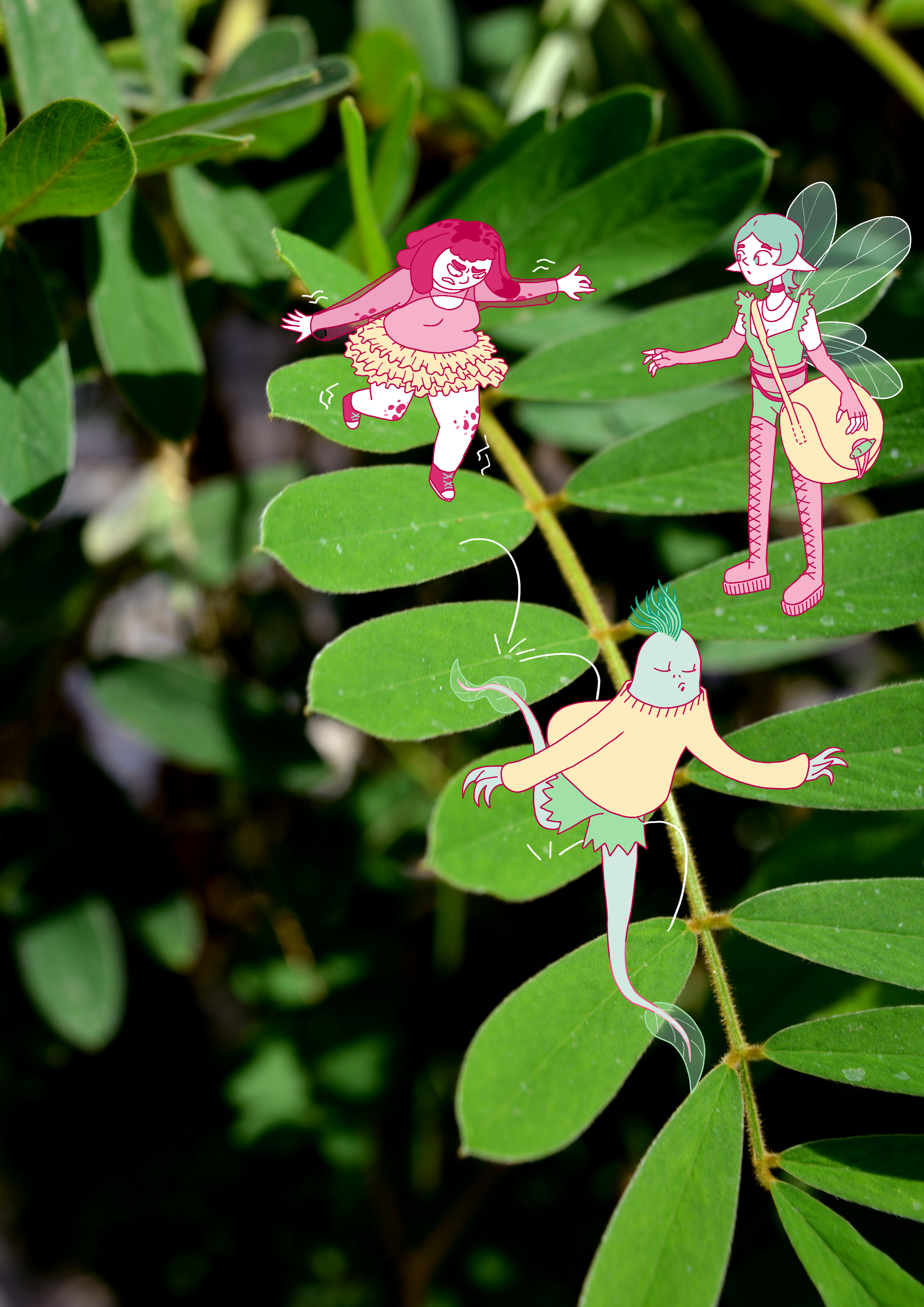 illustration Créatures fantastiques et féeriques sur fond naturel verdoyant