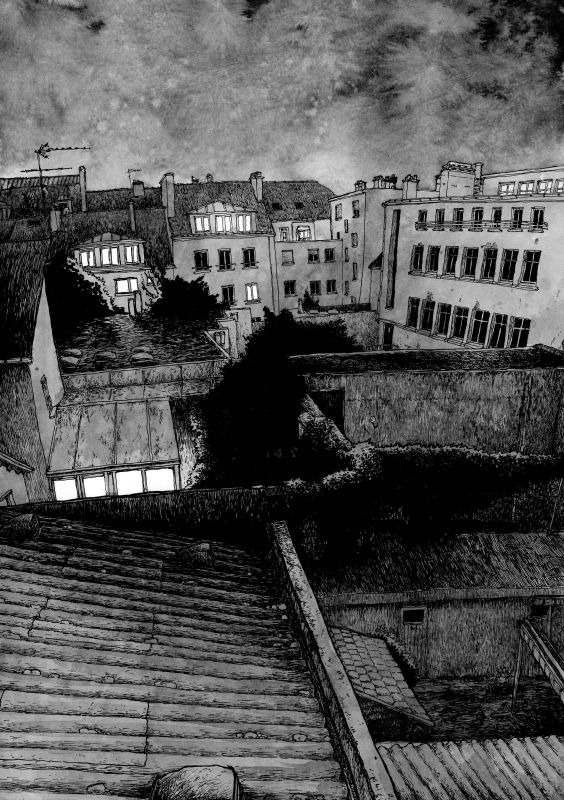 illustration Toits Urbains sous la Tempête Nocturne